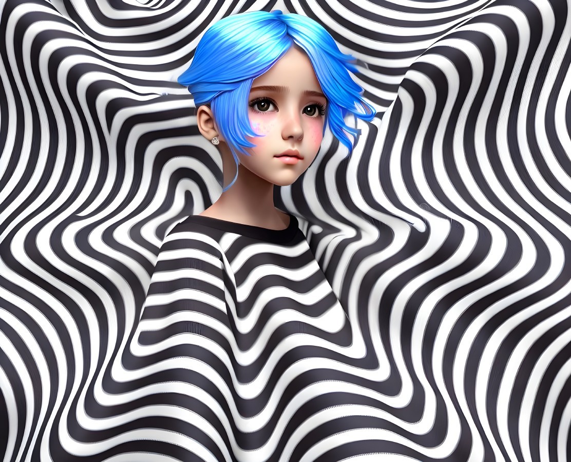 Blue-haired figure with elf-like ears on mesmerizing black and white backdrop