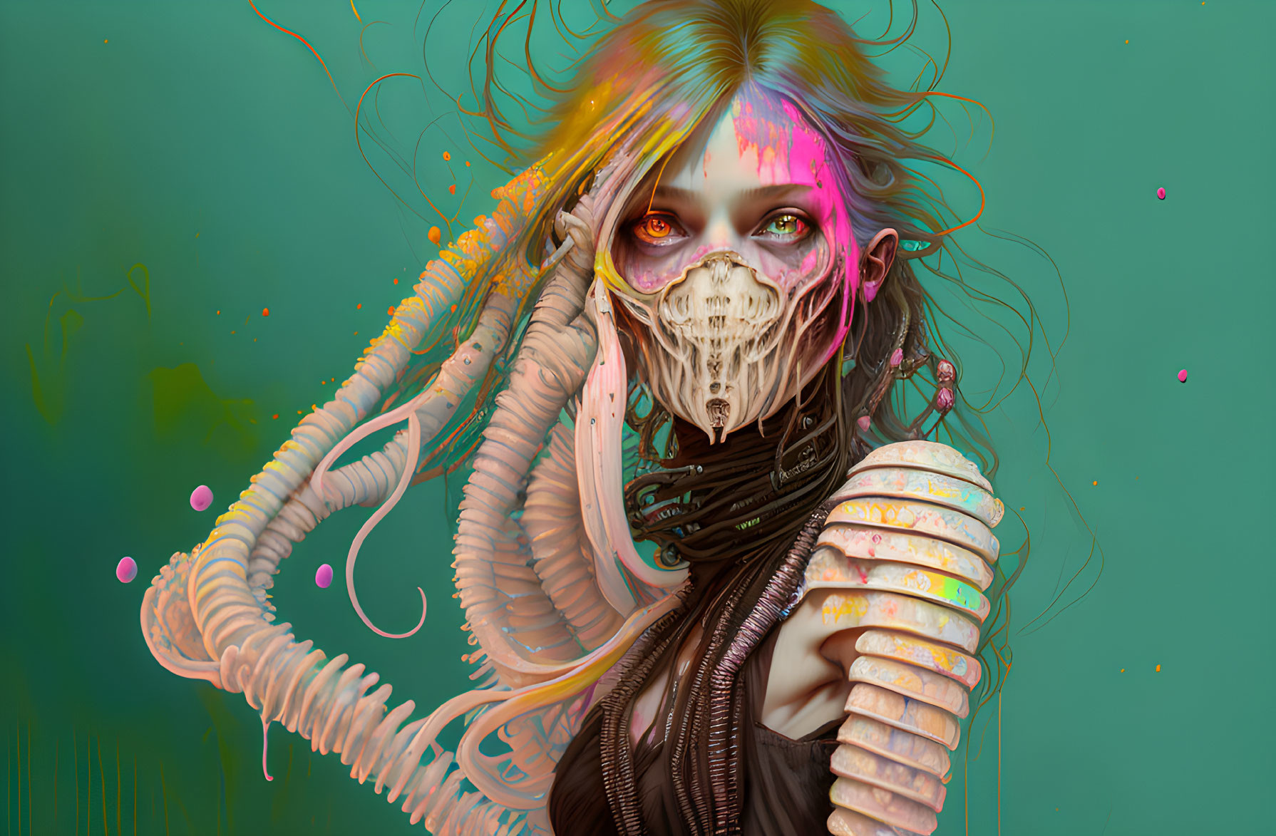 Cybernetic tentacles and skull-like facial augmentation on futuristic woman against teal background.