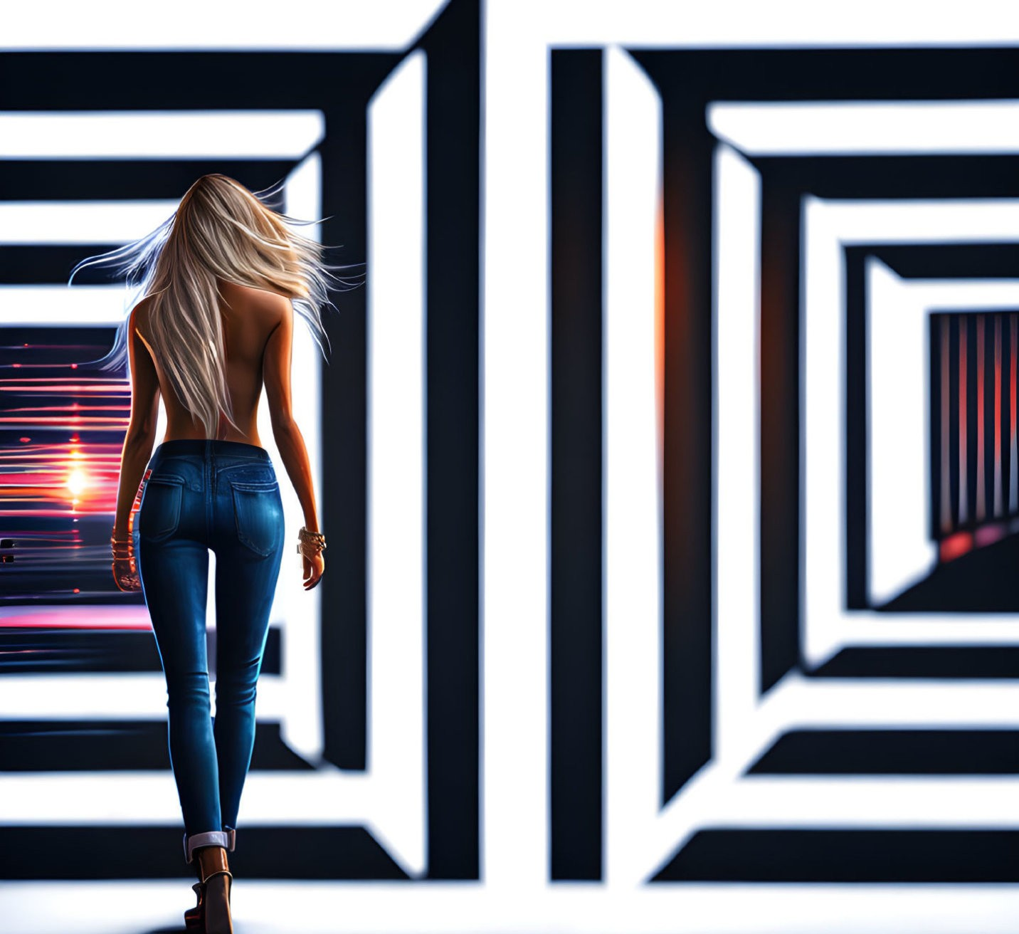 Woman in jeans walking towards glowing futuristic doorways in abstract corridor