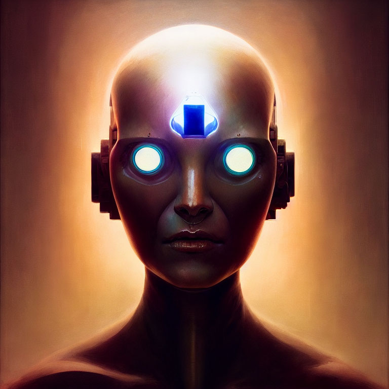 Humanoid robot with glowing blue eyes on warm background