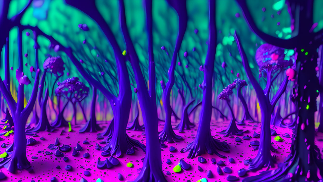 Neon forest with glowing purple and blue flora