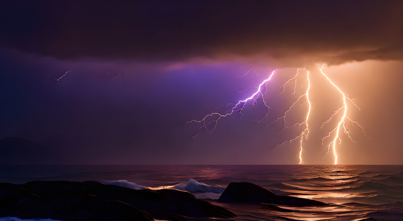 Intense Lightning Bolts in Dramatic Coastal Scene