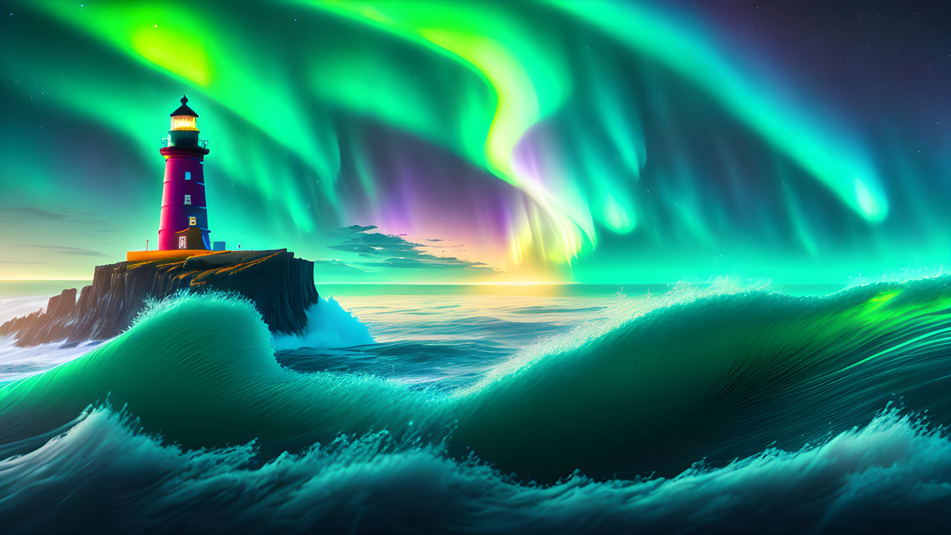 Colorful lighthouse on cliff with crashing waves and northern lights