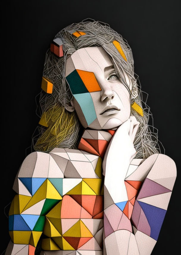 Portrait of a woman with contemplative expression in multicolored geometric mosaic.