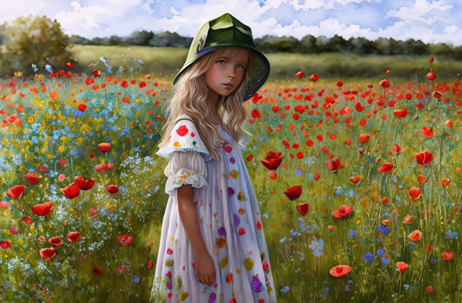 Young girl in white dress and green hat in vibrant poppy field under cloudy sky