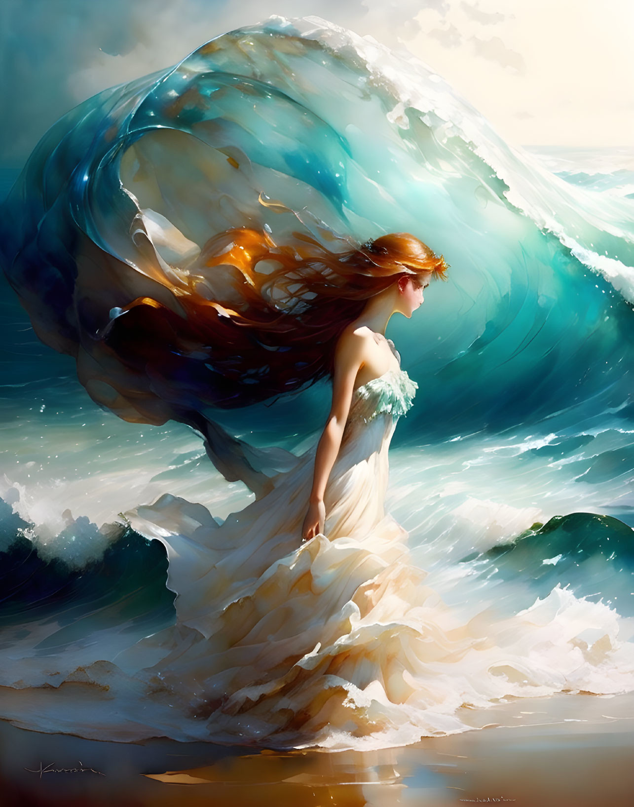 Woman in white dress with flowing hair against stormy sea backdrop