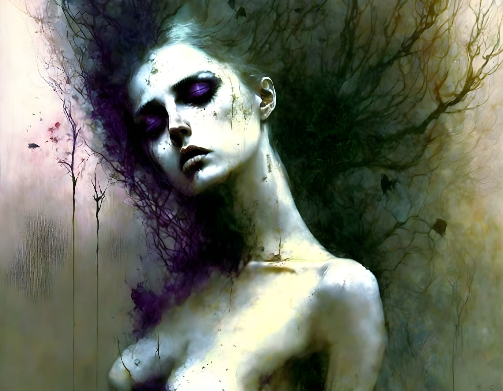 Digital artwork of woman with pale skin and purple eye makeup against tree branch silhouettes