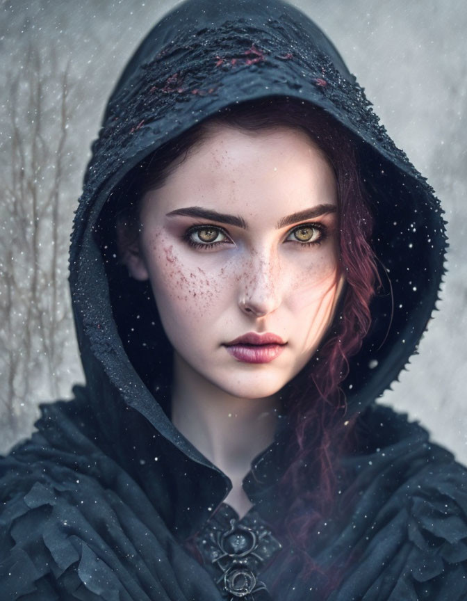 Person in Hooded Cloak with Piercing Green Eyes and Snow Dust