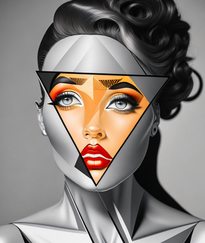 Detailed makeup on woman's face illustration against grayscale background.