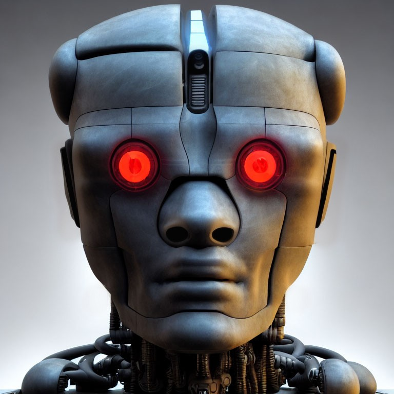 Detailed Robot Head with Red Glowing Eyes and Mechanical Parts on Neutral Background