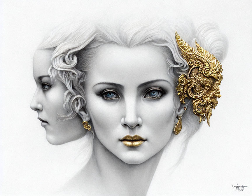 Illustration of woman with dual faces: one with golden lips and earpiece, the other monochrome