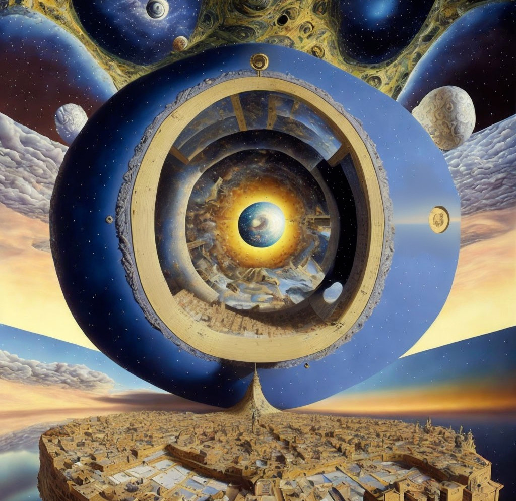 Surreal cosmic painting: circular portal, Earth, moons, starry sky