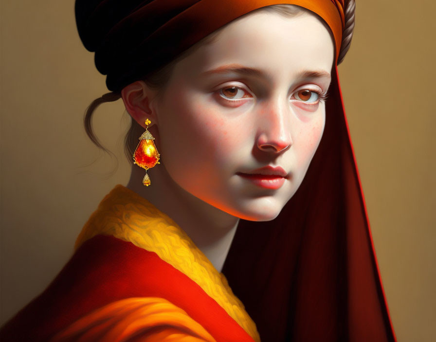 Young woman portrait with red headscarf, yellow garment, and teardrop earring on neutral