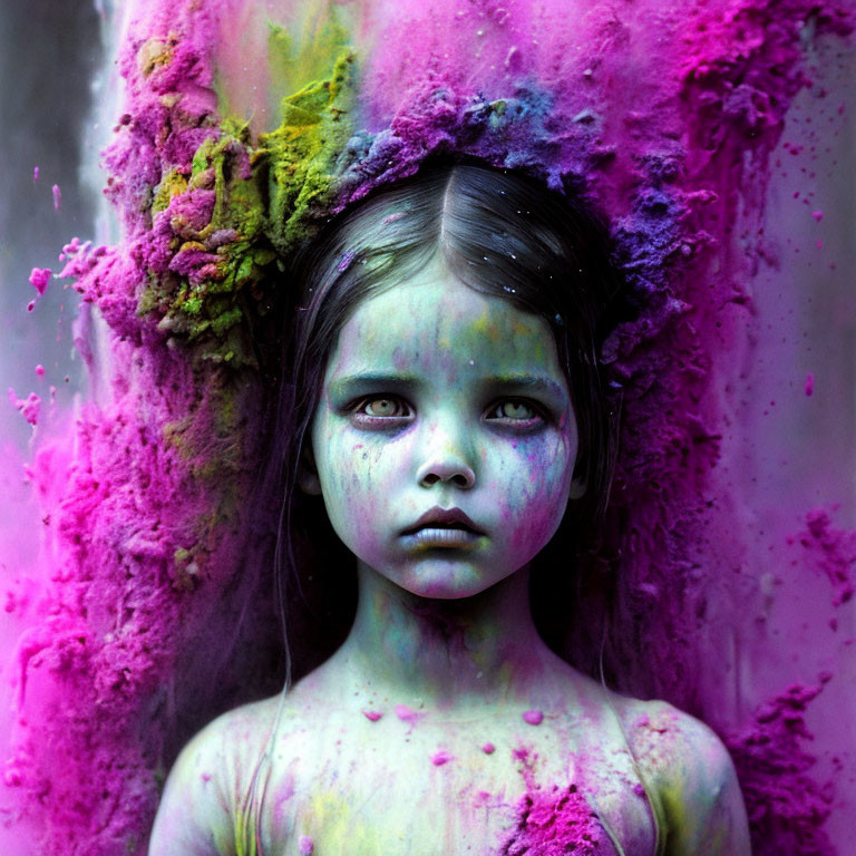 Young girl with sad eyes covered in pink and green powder next to burst of color