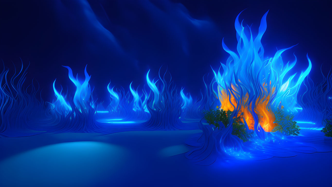 Vivid digital artwork of mystical blue forest with flaming tree-like structures