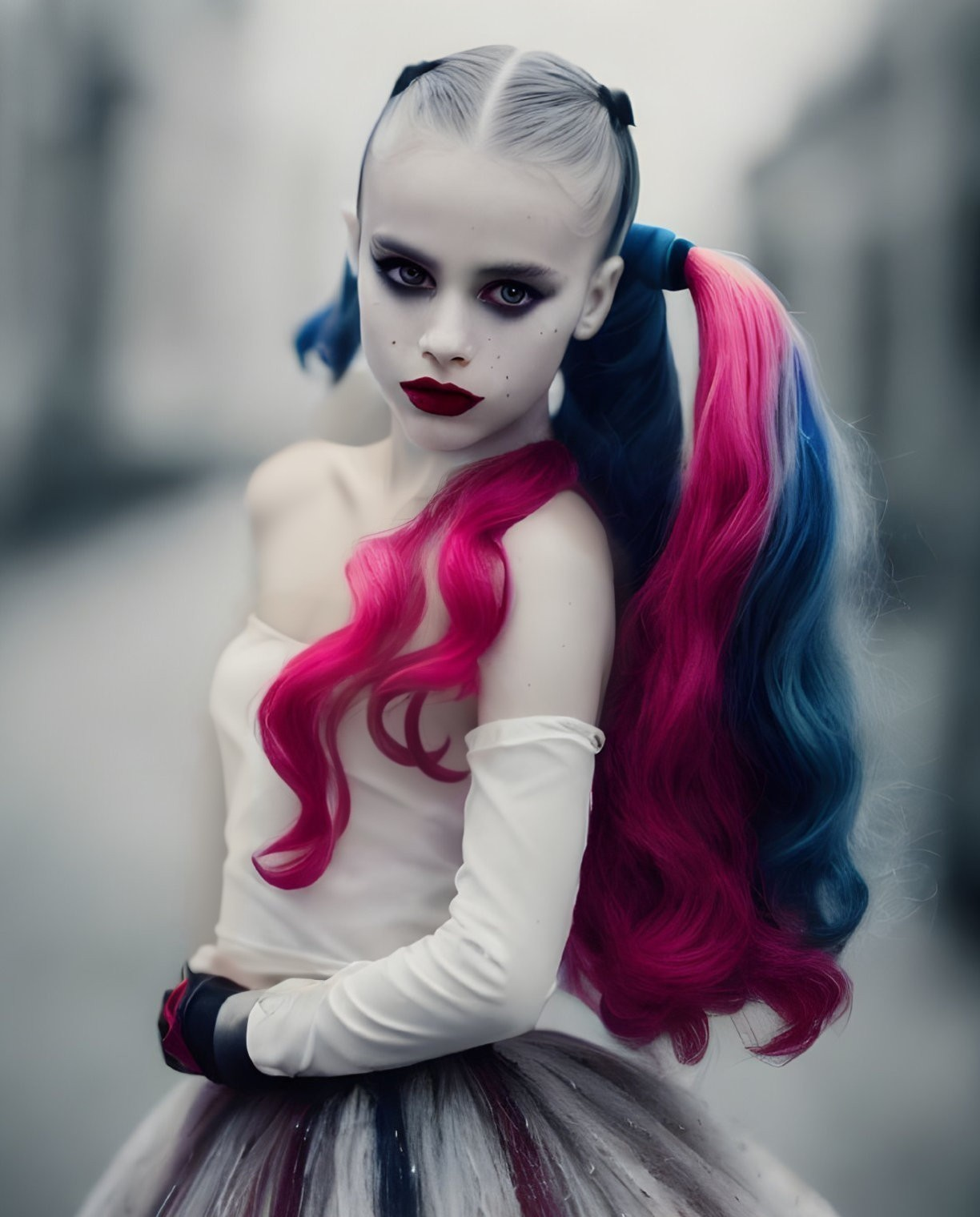 Striking makeup with white skin, dark eyes, red lips, pink and blue ponytails, fre