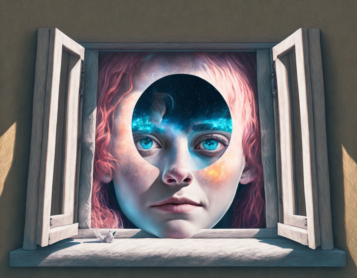 Surreal portrait with space imagery and paper airplane by open window