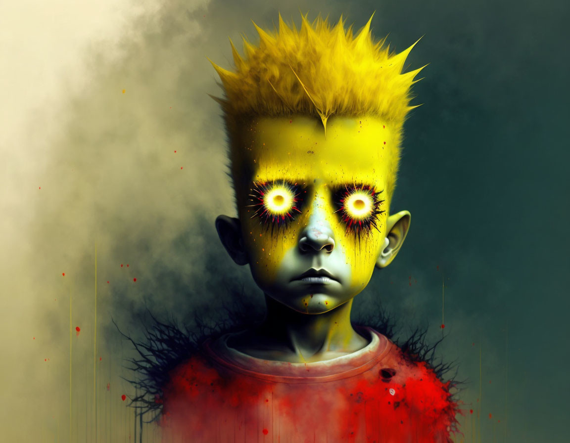 Surreal portrait: boy with yellow spiky hair, glowing ringed eyes, red spl