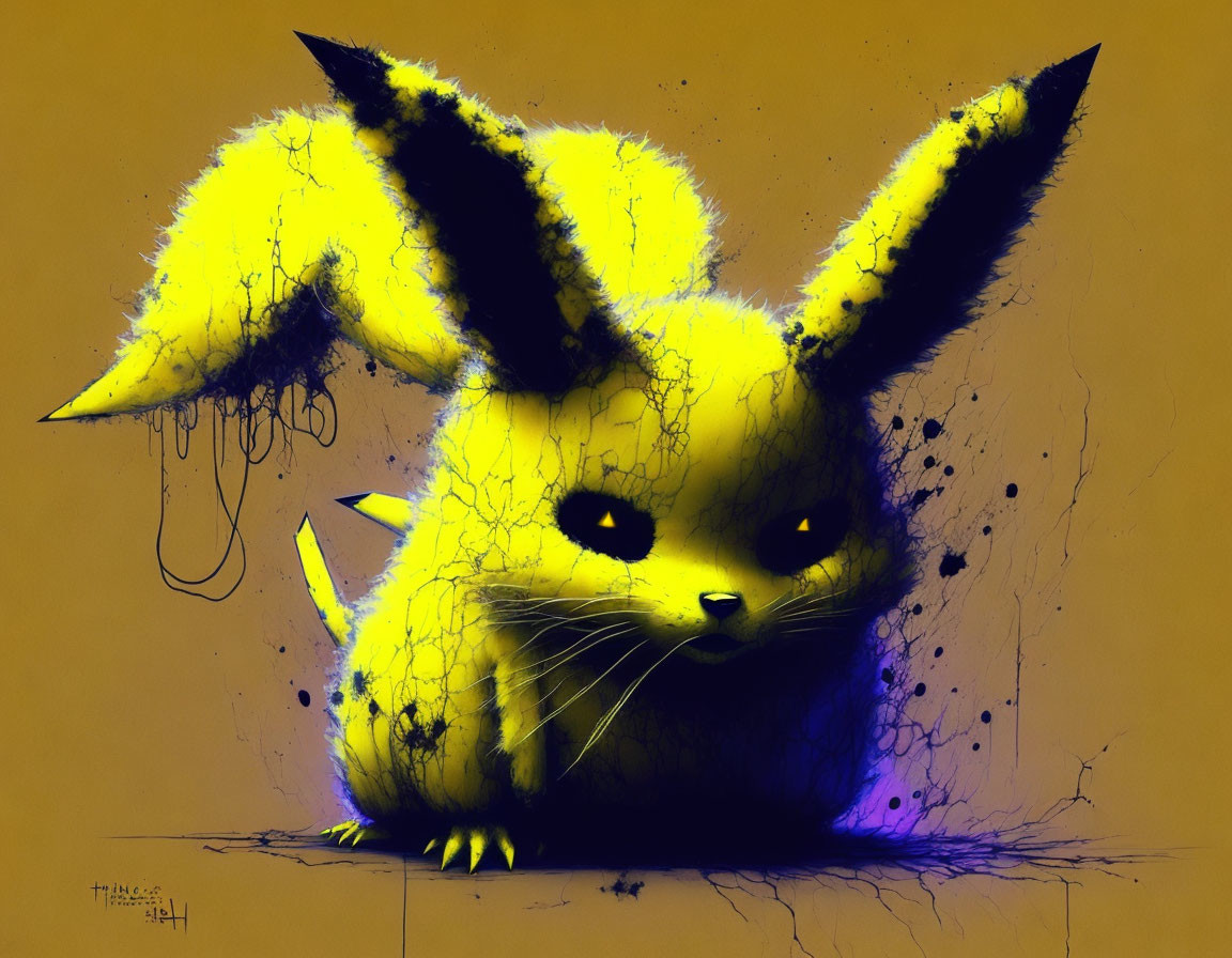 Stylized yellow and black Pikachu with large ears on textured tan background