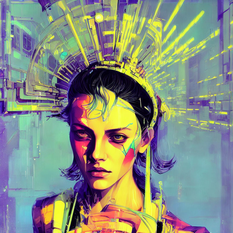 Colorful digital artwork of woman with futuristic glowing headdress