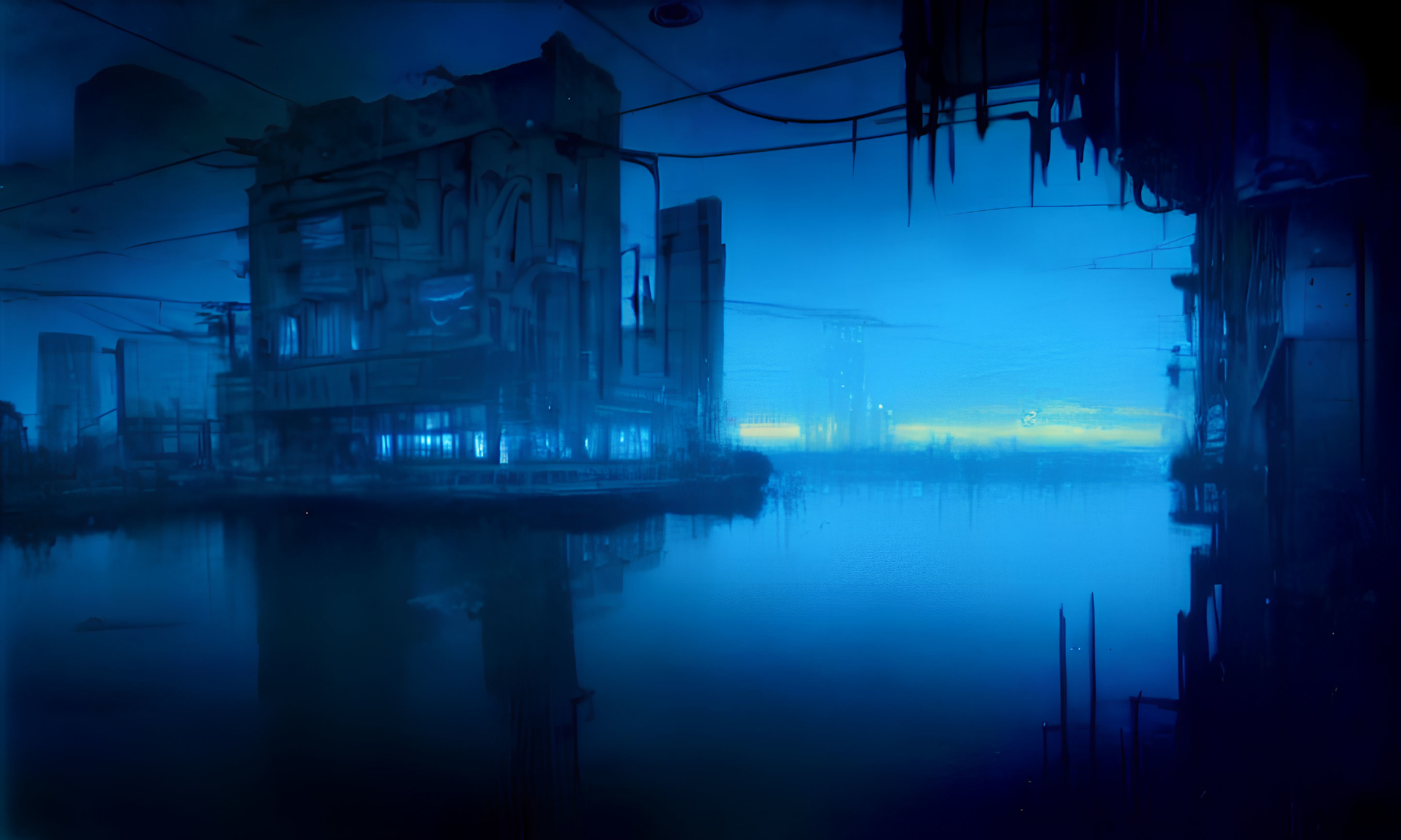 Blue-hued dystopian landscape with dilapidated buildings and still water under a haze-filled sky