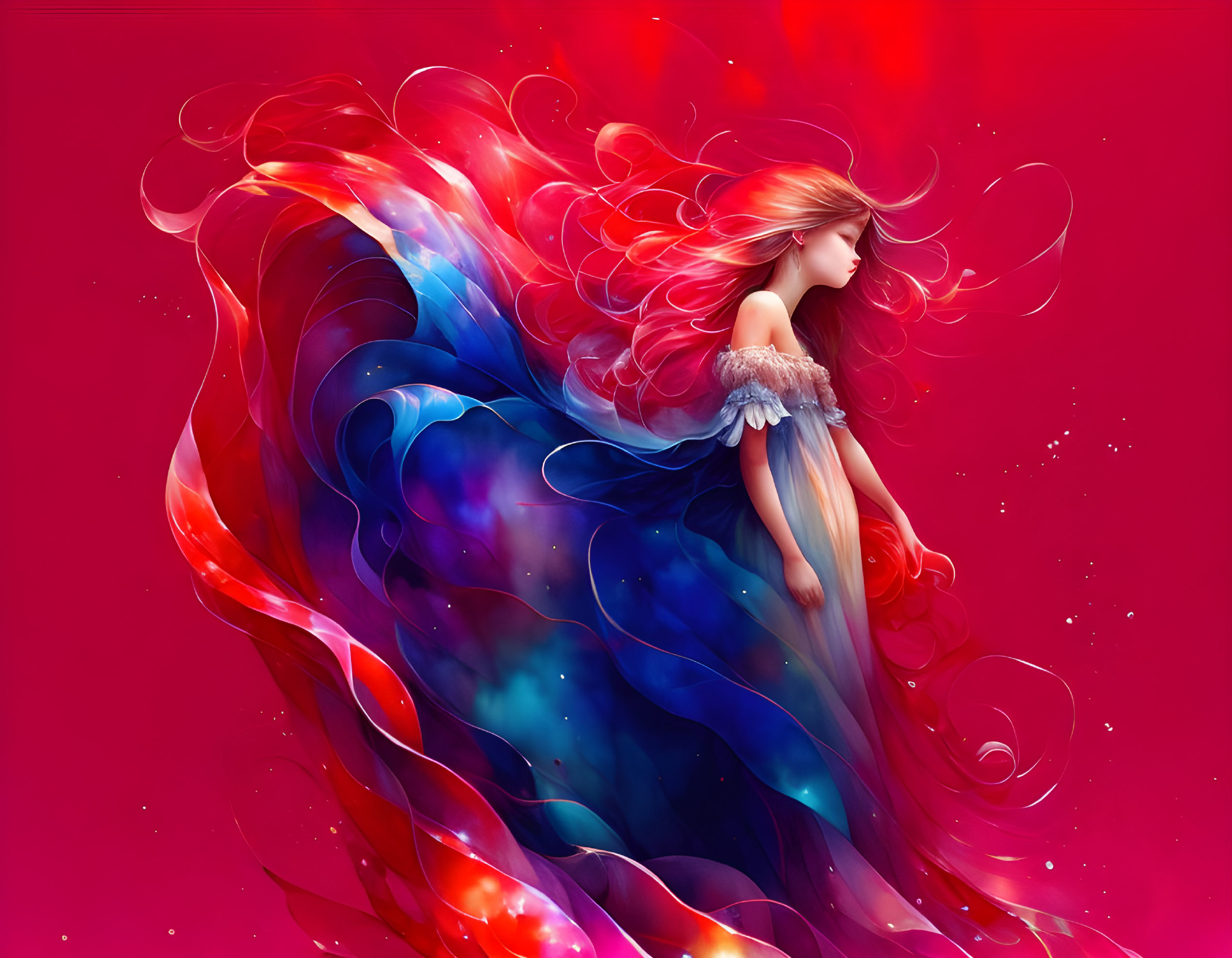 Colorful illustration: Woman with red hair blending into cosmic swirls on crimson backdrop