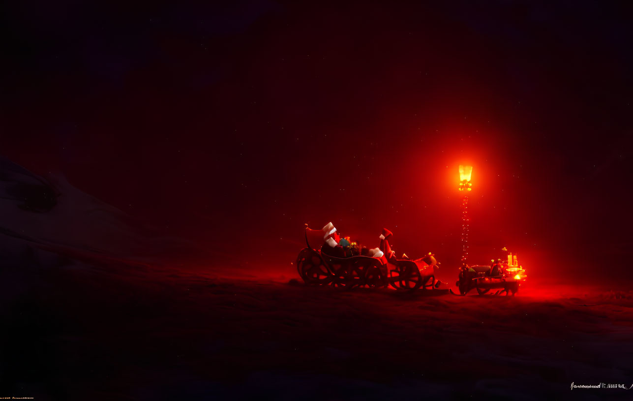 Santa Claus in Sleigh with Reindeer by Lantern in Snowy Night