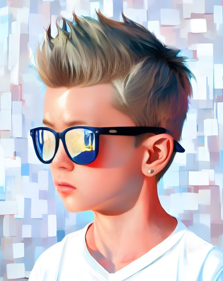 Trendy faux hawk boy portrait against colorful mosaic background