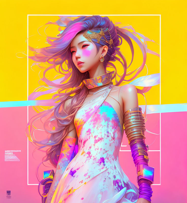 Colorful digital artwork of a woman with flowing hair and futuristic elements on vibrant gradient background