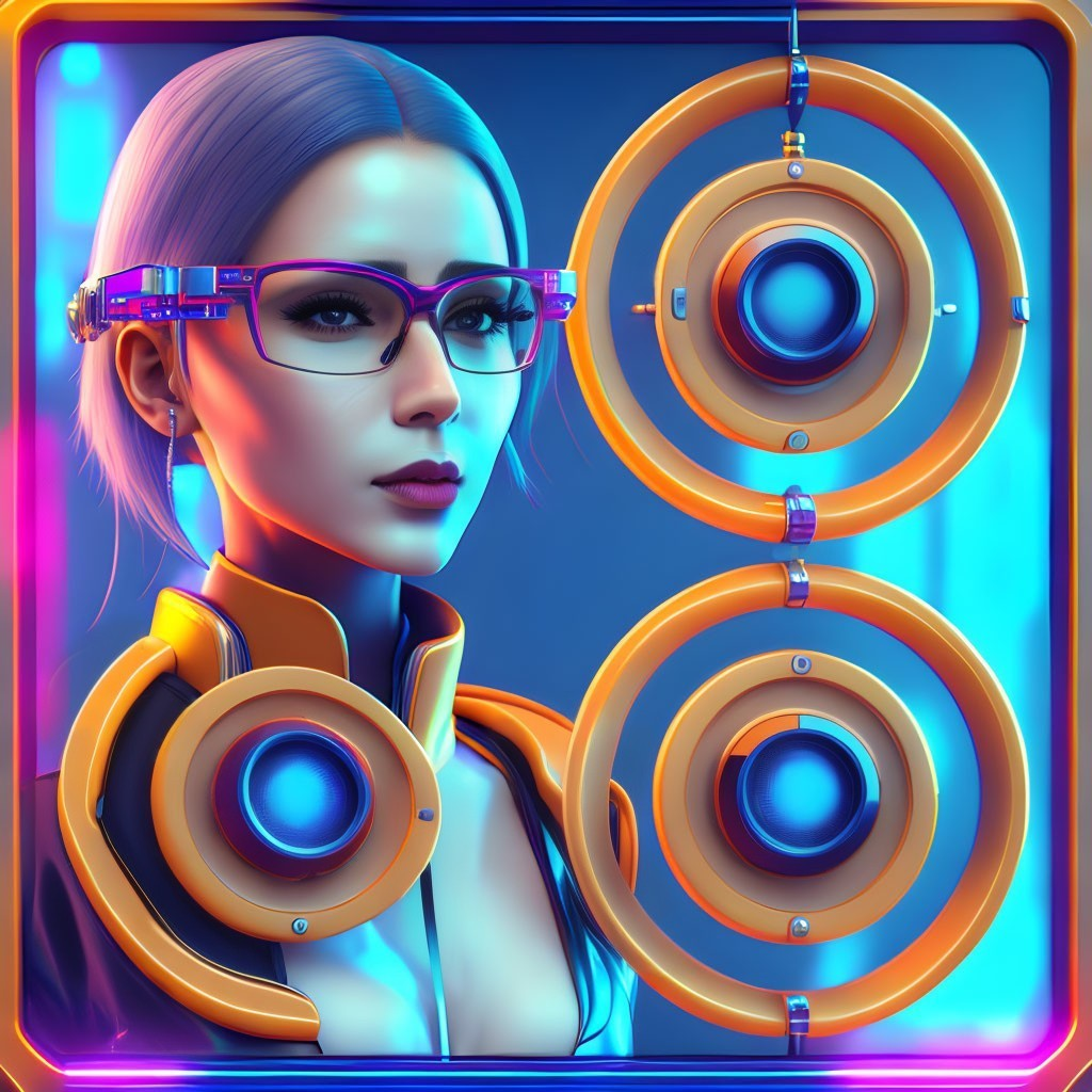 Futuristic female figure with glasses and headphones in neon backdrop