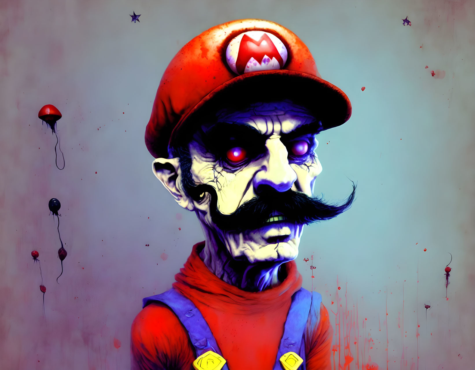 Glowing-eyed, horror-themed Mario-inspired character in dark setting