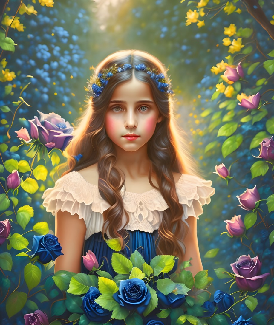 Young girl portrait with floral crown and mystical forest backdrop