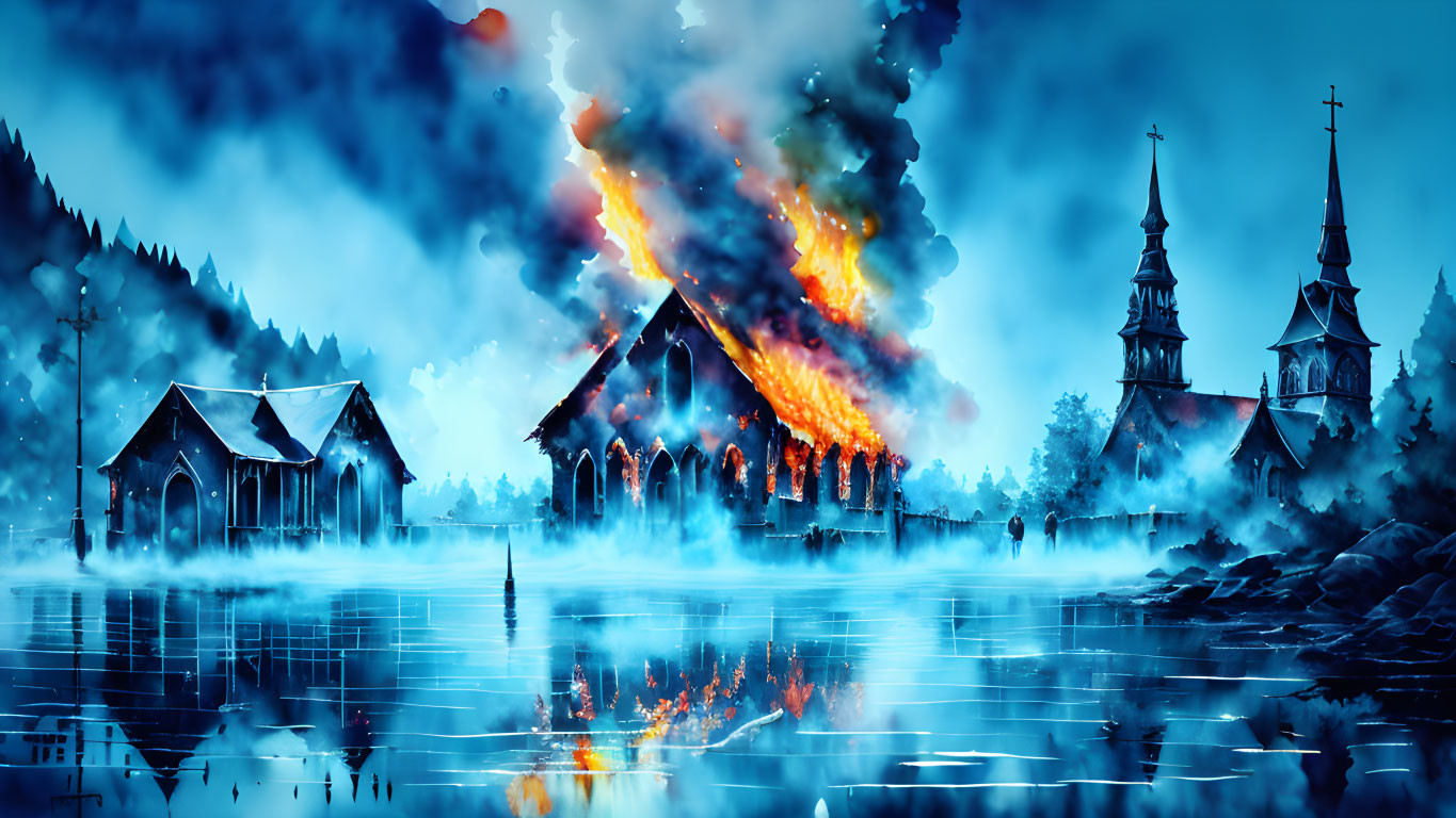 Digital artwork: Church engulfed in flames amidst buildings, forest silhouette, water reflections