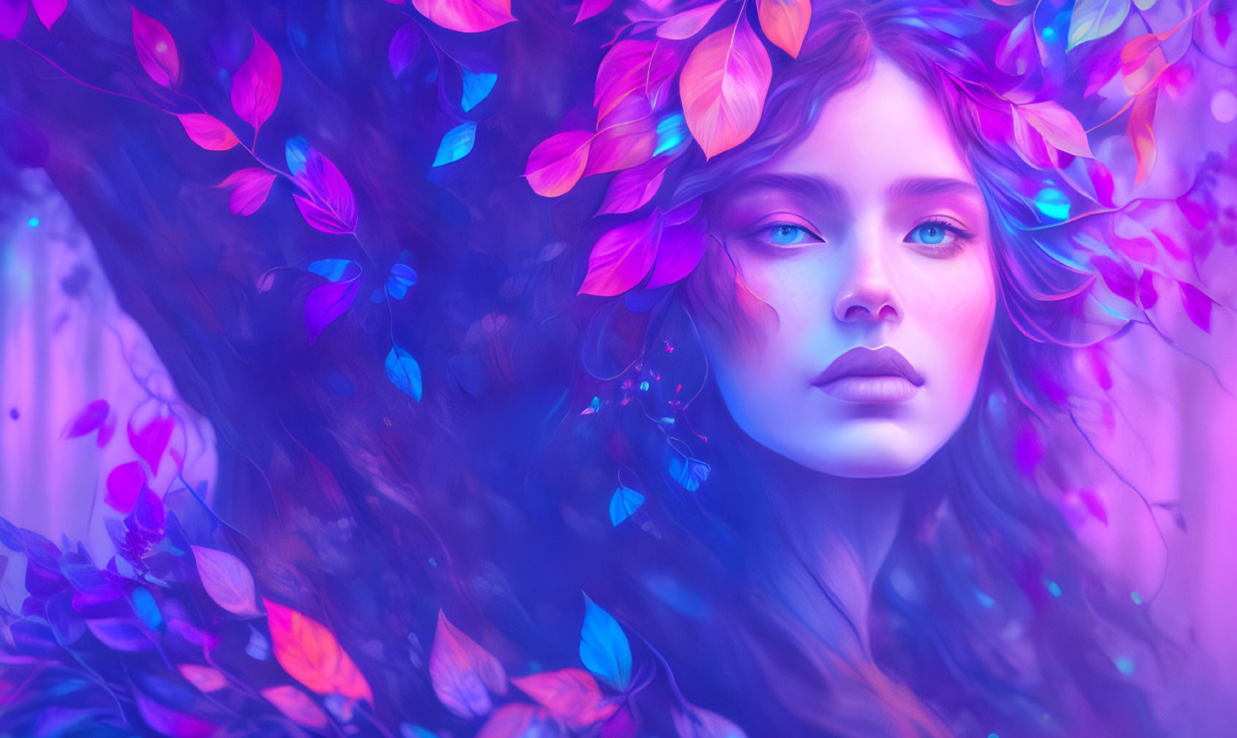 Vibrant blue-eyed woman in dreamlike setting with purple and blue leaves