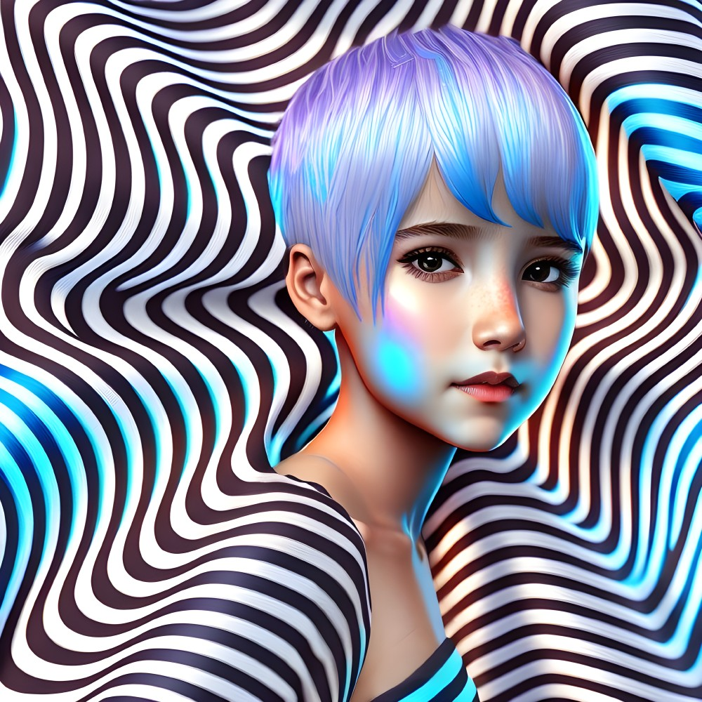 Blue-haired female anime character on psychedelic background