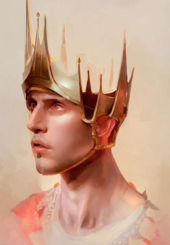 Reflective young man in golden crown, warm color palette