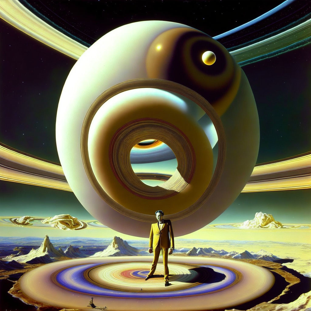 Surreal landscape with humanoid figure and ringed planet