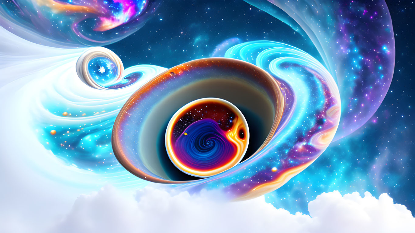 Colorful cosmic digital artwork: swirling galaxies, nebulas, starry skies.