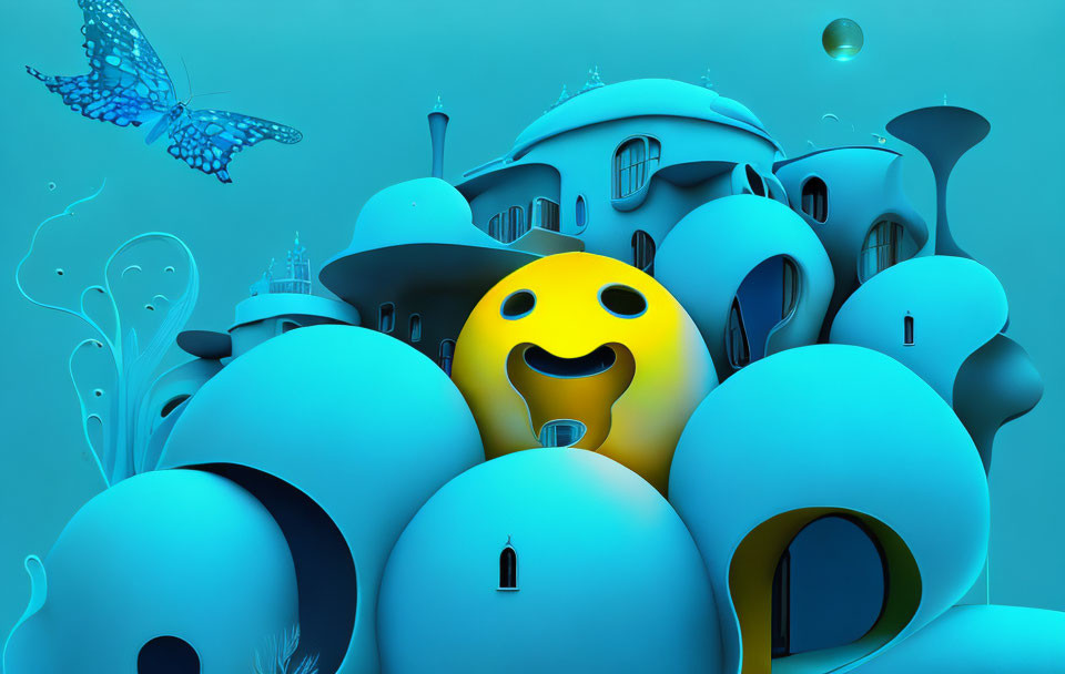 Colorful 3D illustration: smiling yellow emoji in futuristic blue setting