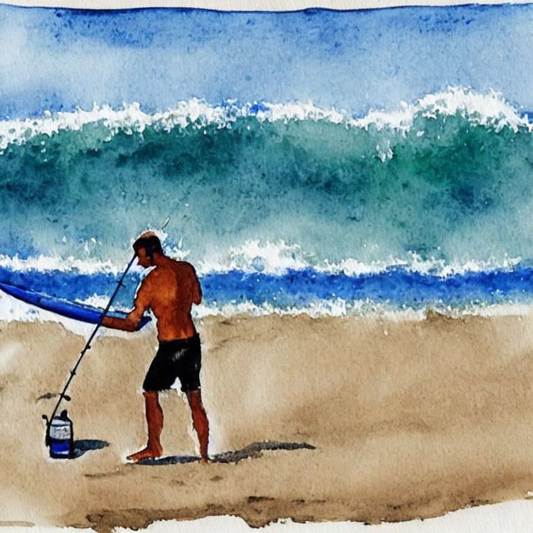 Shirtless Person Fishing on Beach with Wave Background