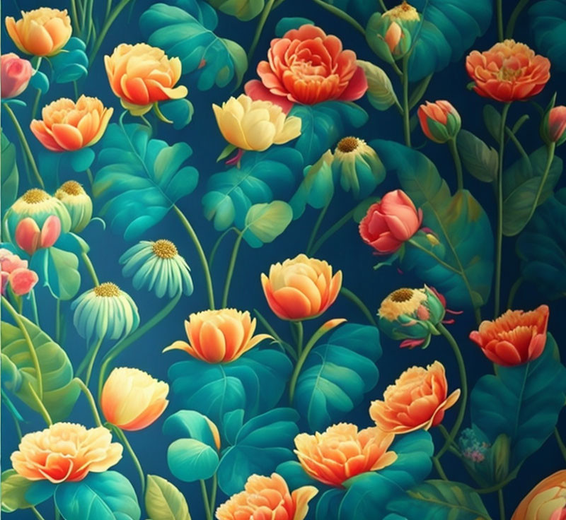 Colorful Floral Illustration in Warm Tones on Teal Background