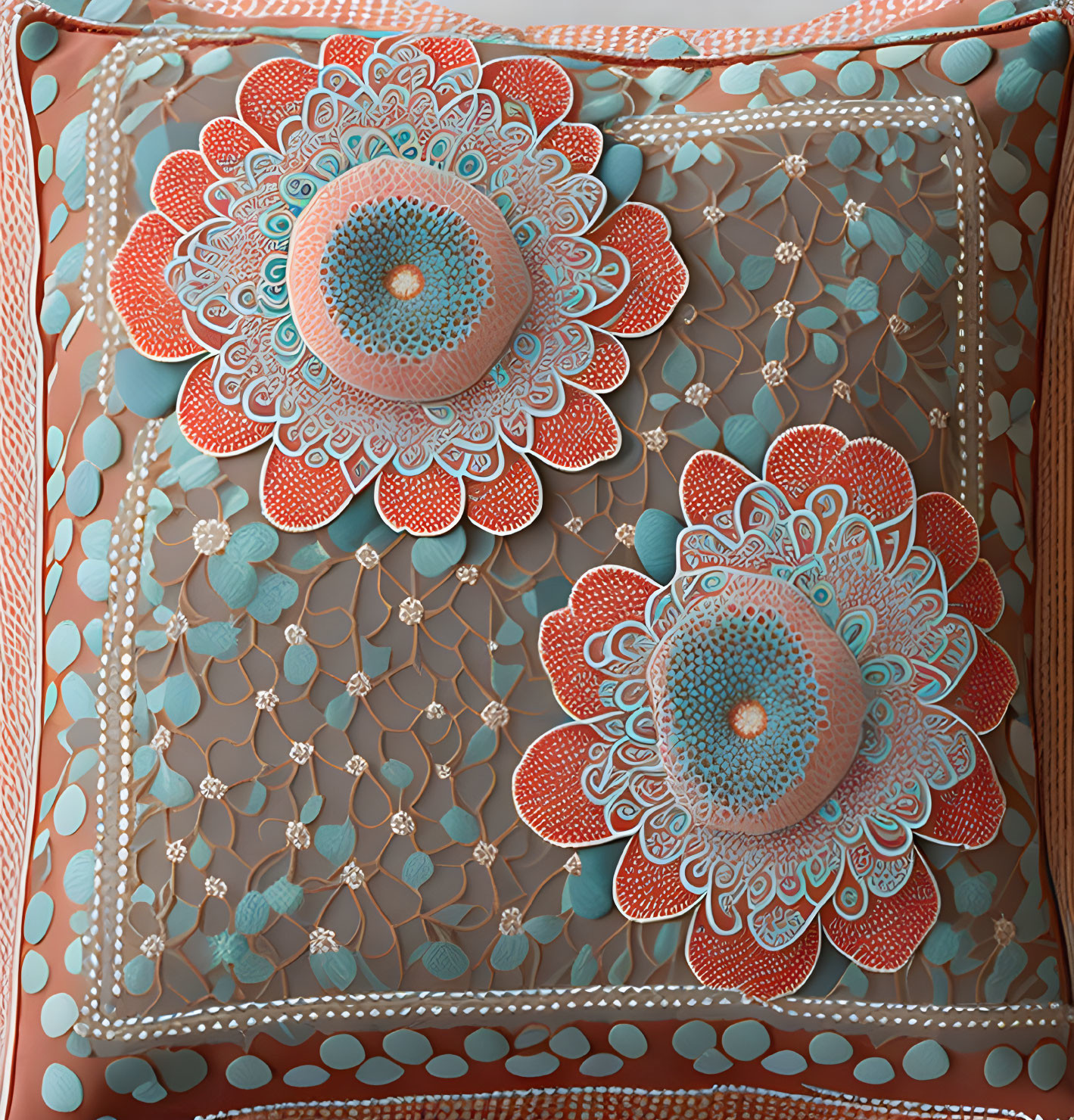 Intricate Floral and Geometric Pattern Pillow in Orange, Turquoise, White