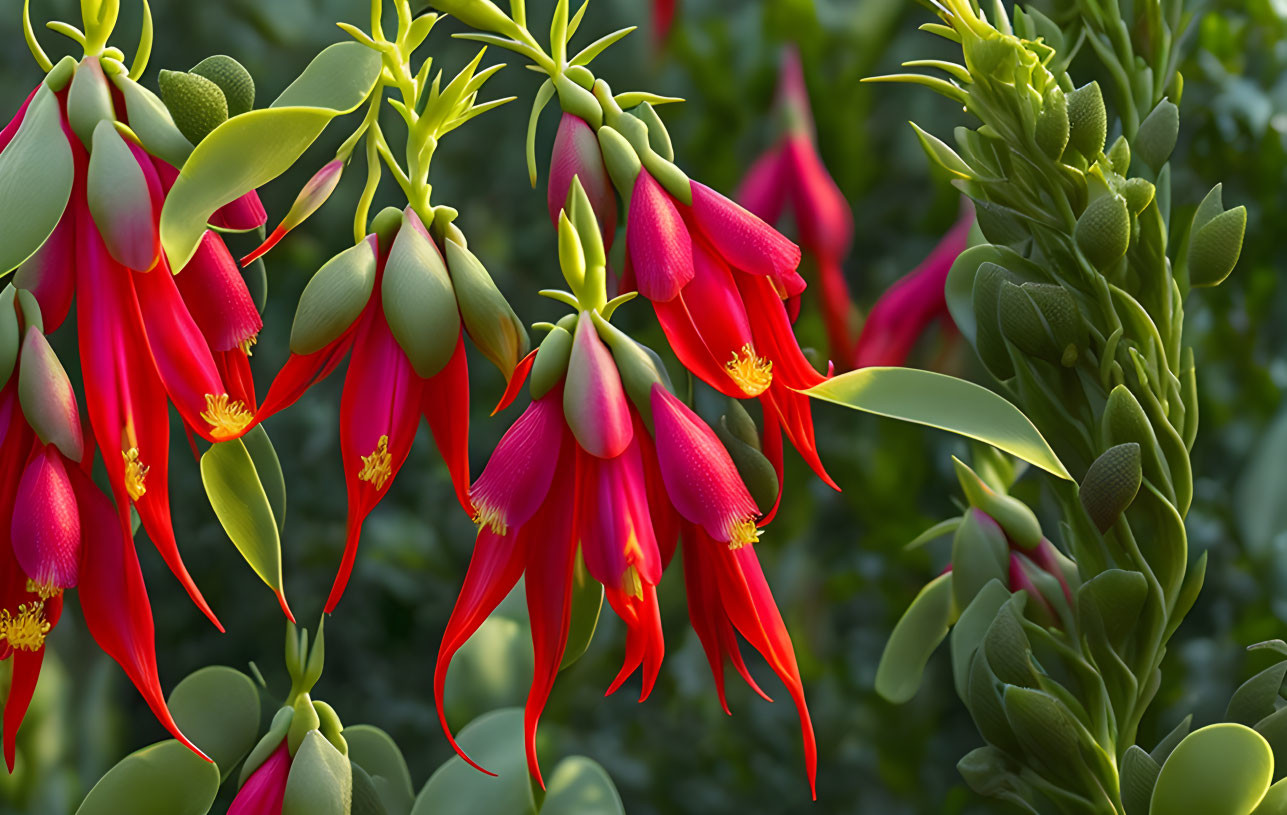 Bright Red and Pink Fuchsia Flowers with Green Foliage