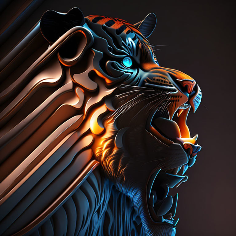 Stylized 3D Tiger Artwork in Orange and Blue Tones