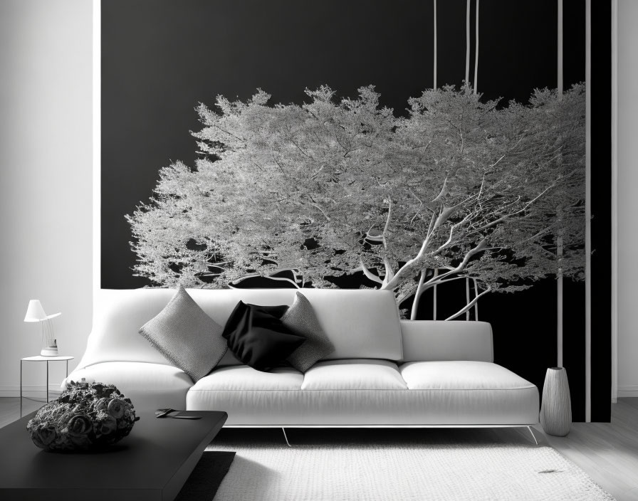 Monochrome Living Room with Tree Wall Mural & White Sofa