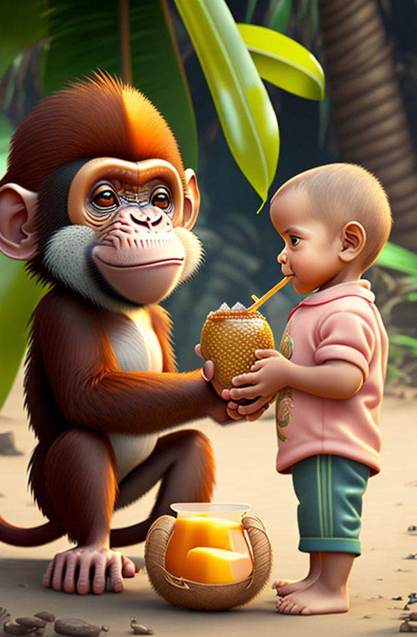 Baby and cartoon monkey drinking from coconut in jungle setting