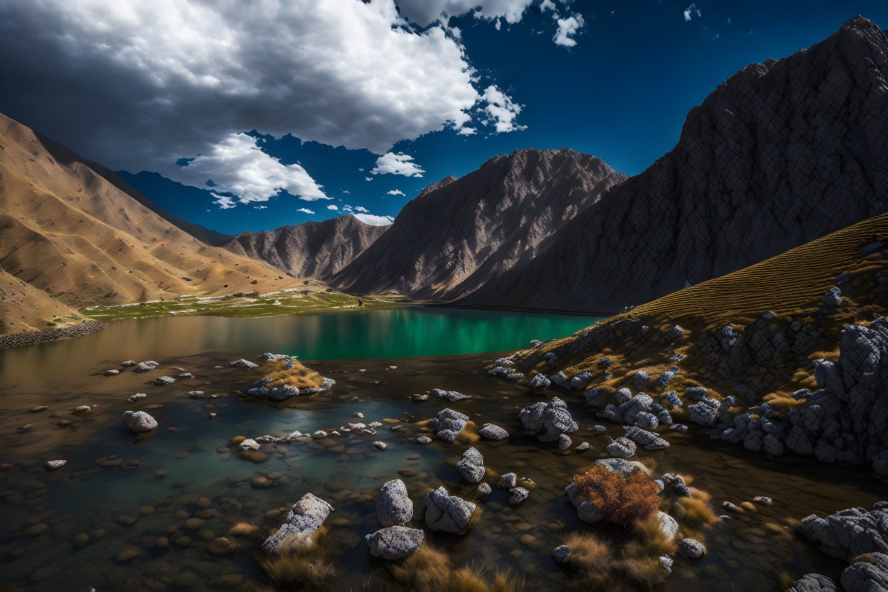 Scenic alpine lake with rugged mountains and dramatic sky