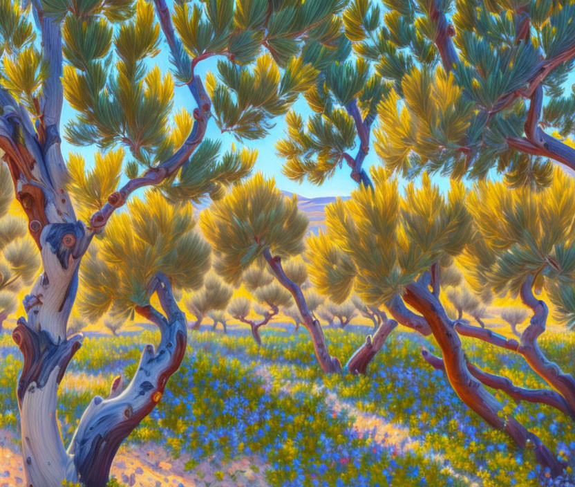 Colorful Impressionistic Landscape with Twisted Trees and Purple Flowers