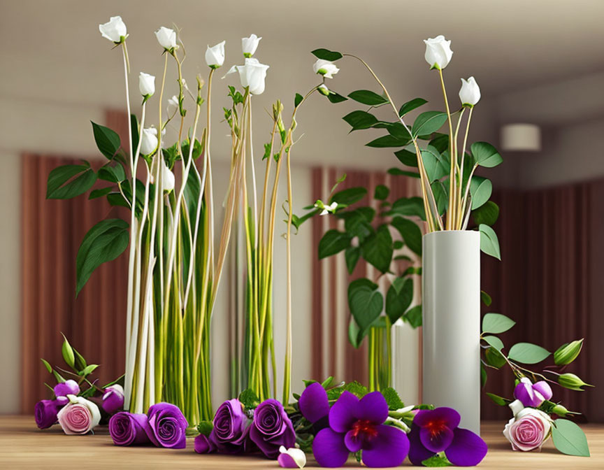 Stylishly arranged white and purple flowers on wooden surface