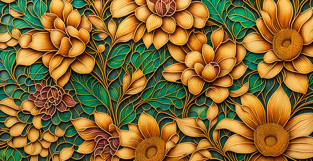 Detailed Relief Carving of Golden Flowers on Dark Background